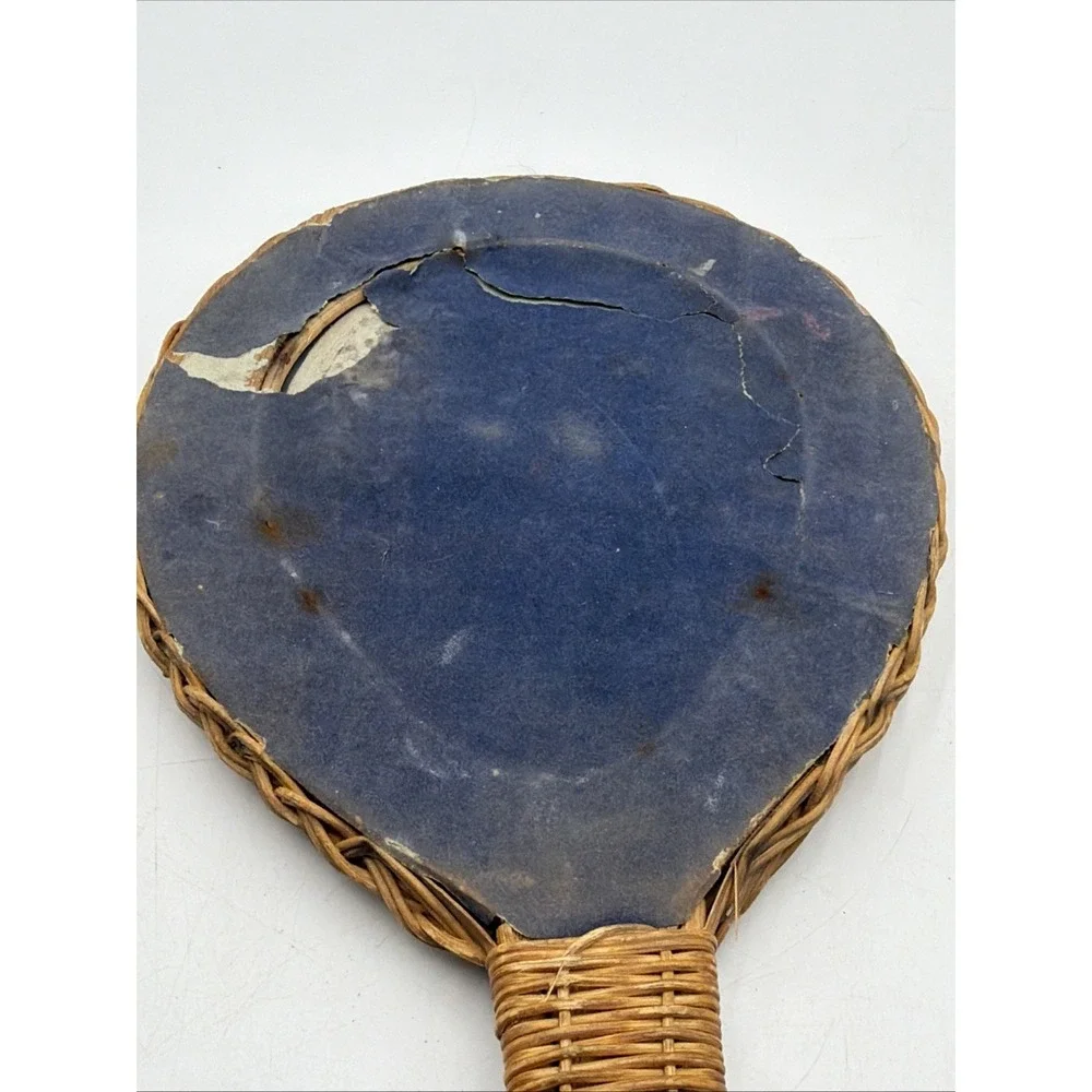 Retro Woven Wicker Rattan Vanity Bohemian Hand Held Mirror Tan